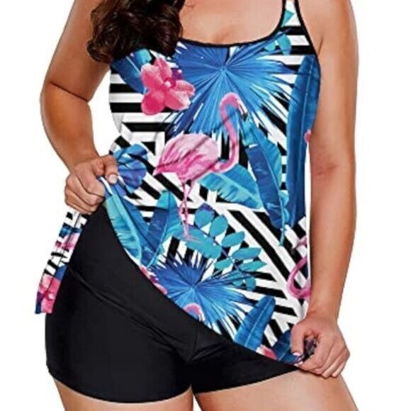 NWT Women’s Black Pink Flamingo Tankini Black Boy shorts Tummy Control - Size L - Picture 1 of 6